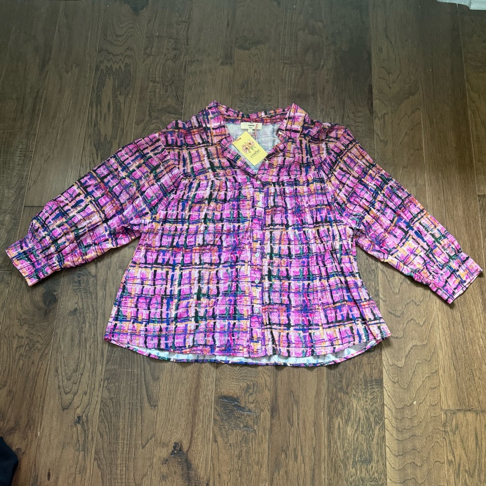 NWT Entro pink multicolor Plaid Button-Up Blouse size large